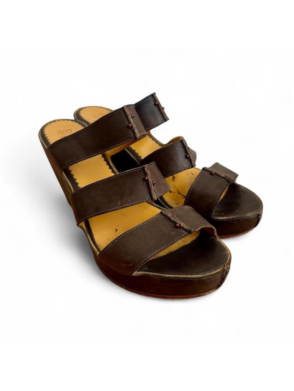 Vintage Henry Cuir Pour Barneys New York Beaded Leather Wedge Sandals EU 39